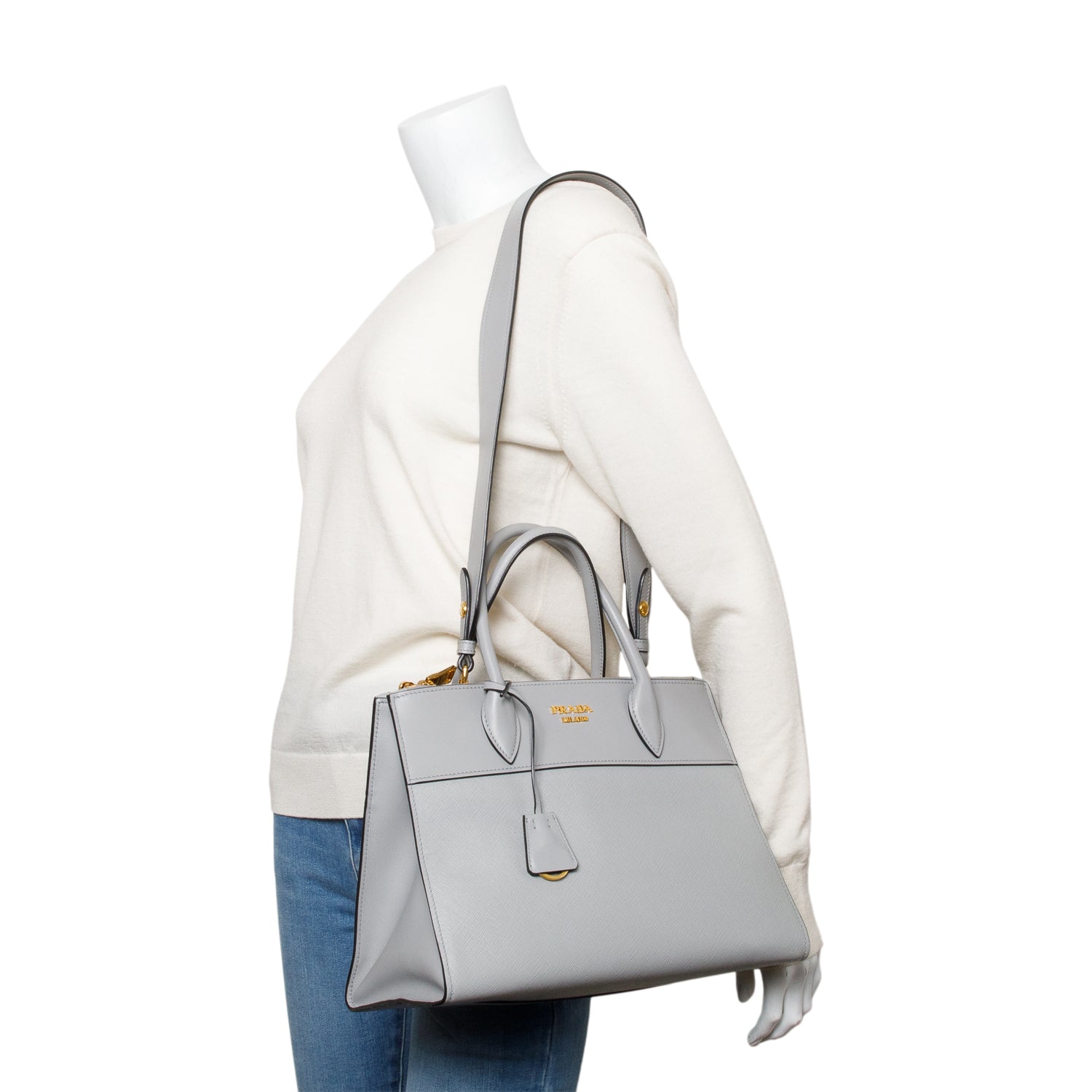 Prada Grey Saffiano & City Calf Paradigme Tote Leather Small Tote Bag