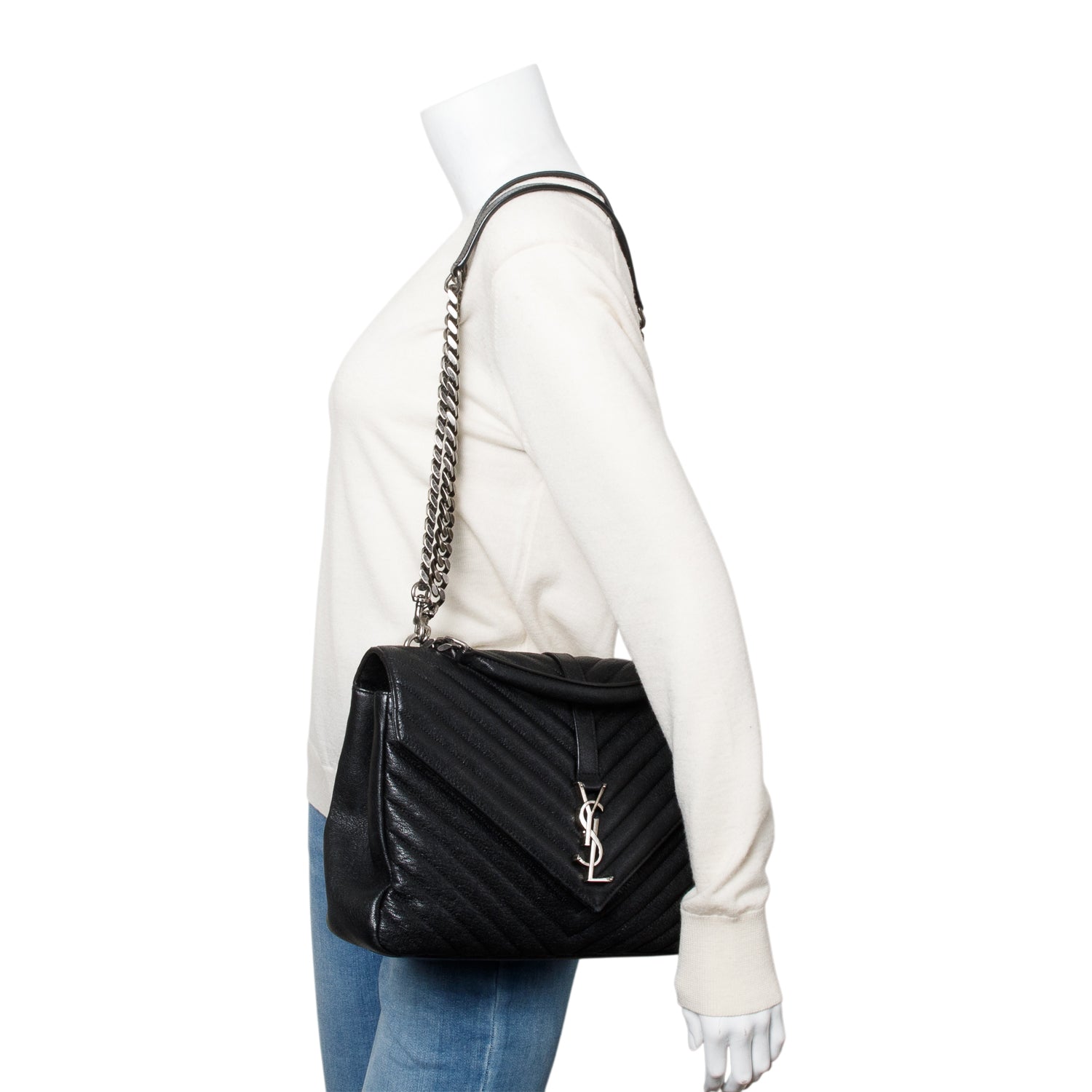 YSL Saint Laurent Chevron Chevron College Bag Leather Black Travel Bag