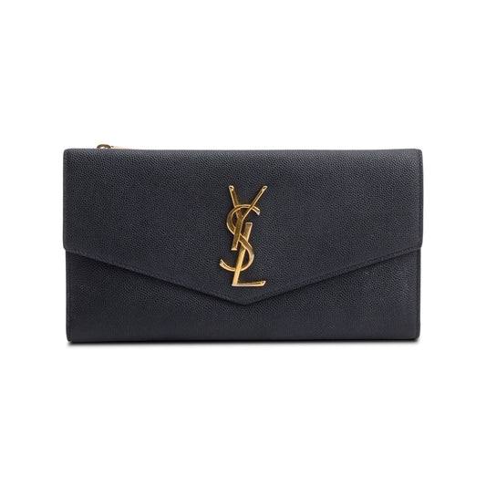 YSL Saint Laurent Grain De Poudre Flap Uptown Wallet Clutch Leather Black Clutch Bag