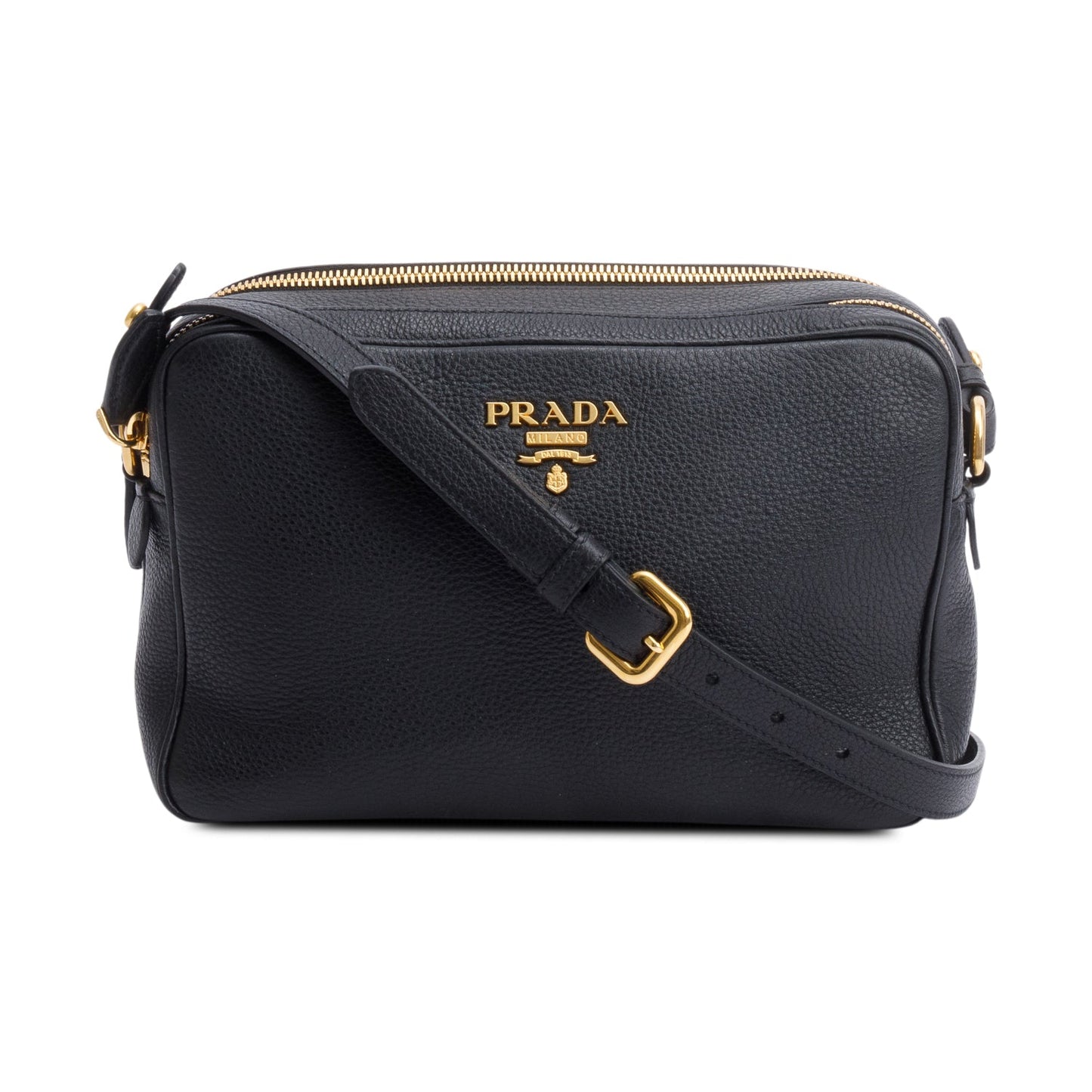 Prada Vitello Daino Double Zip Camera Crossbody Bag Leather Black