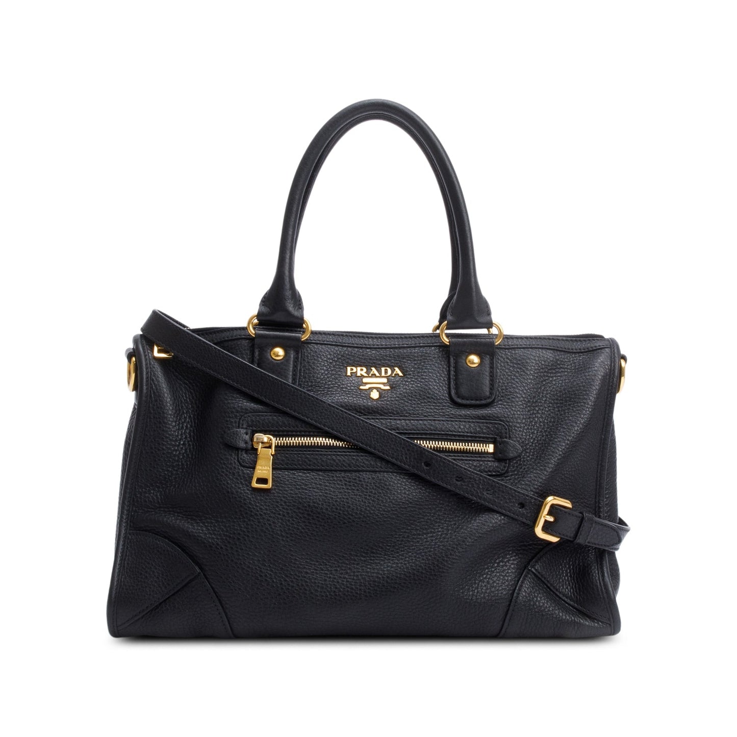 Prada Vitello Daino Zip Convertible Tote Handbag Leather Black Tote Bag