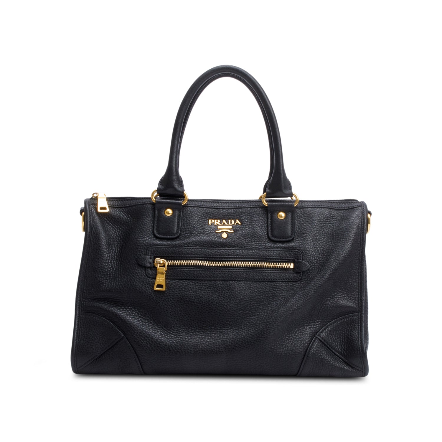 Prada Vitello Daino Zip Convertible Tote Handbag Leather Black Tote Bag