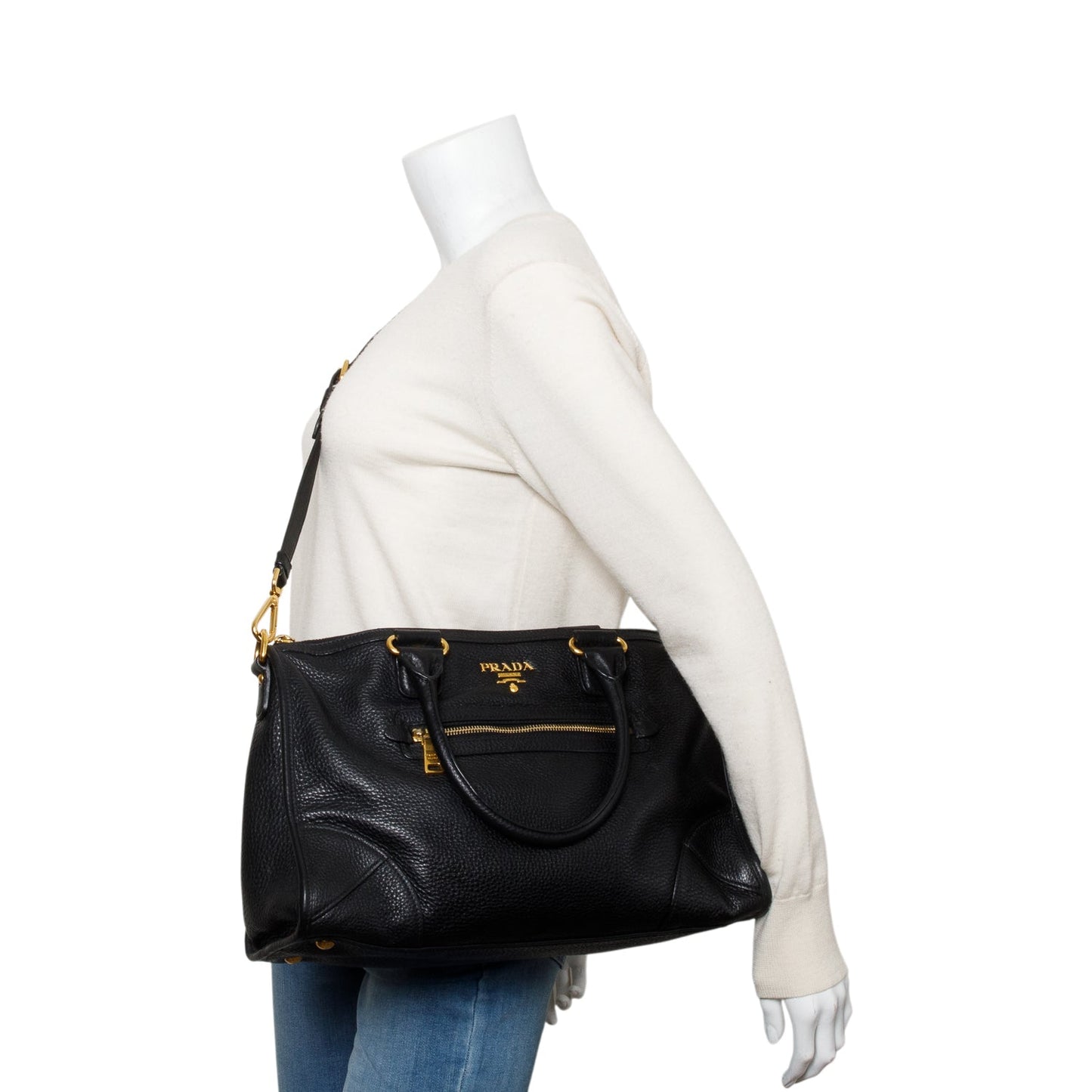 Prada Vitello Daino Zip Convertible Tote Handbag Leather Black Tote Bag