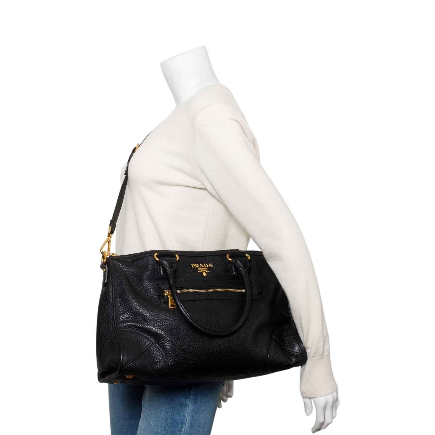 Prada Vitello Daino Zip Convertible Tote Handbag Leather Black Tote Bag