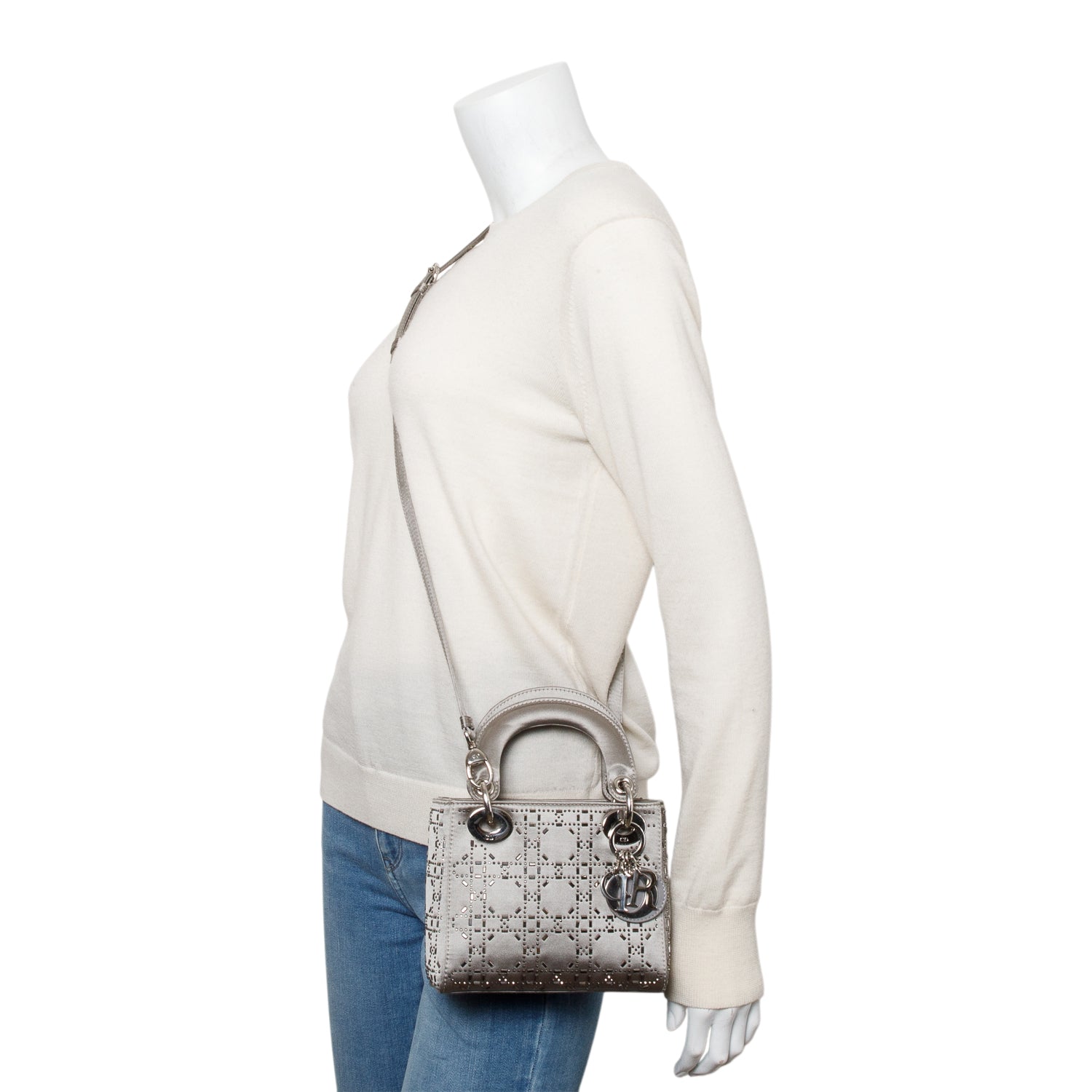Dior Christian Grey Cannage Crystal Embellished Lady Bag Satin Mini Travel Bag