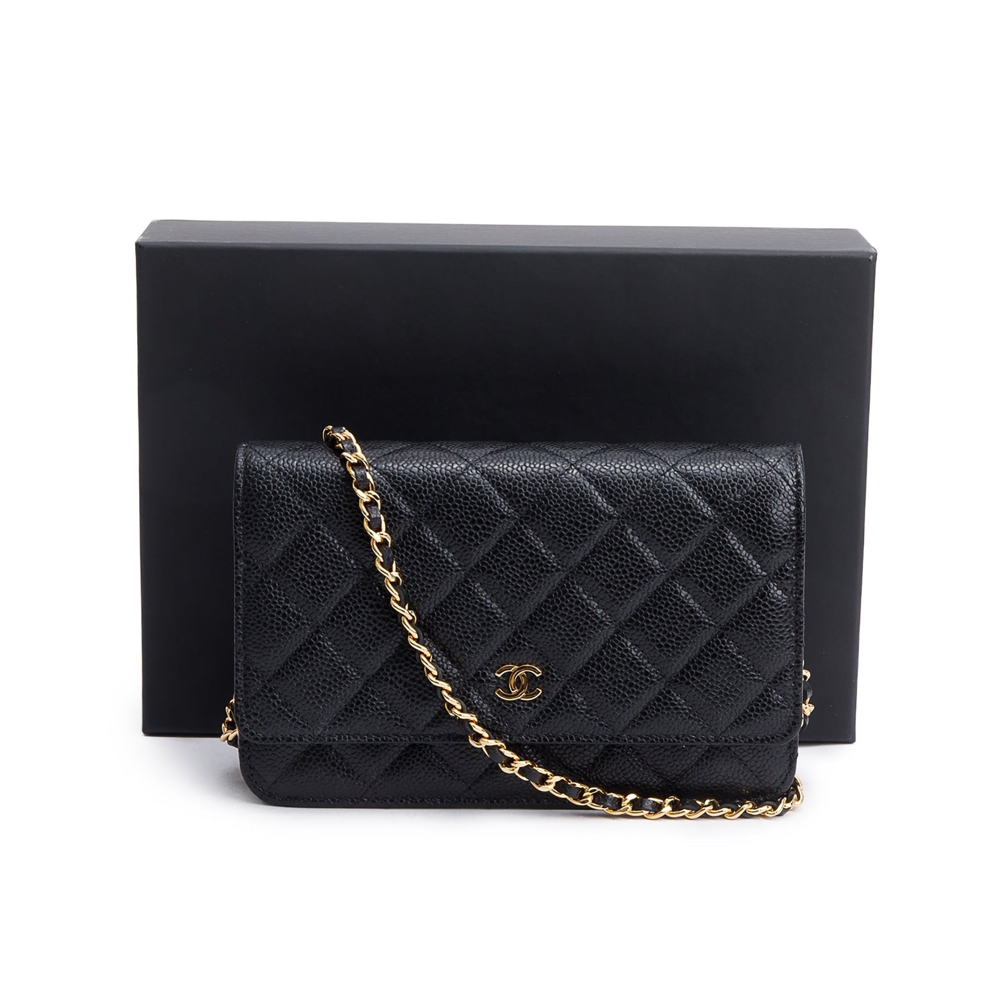 Chanel Quilted Caviar Classic on Leather Black Wallet Case Box Receipt