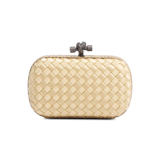 Bottega Veneta Snakeskin Trimmed Intrecciato Knot Clutch Satin Gold Clutch Bag