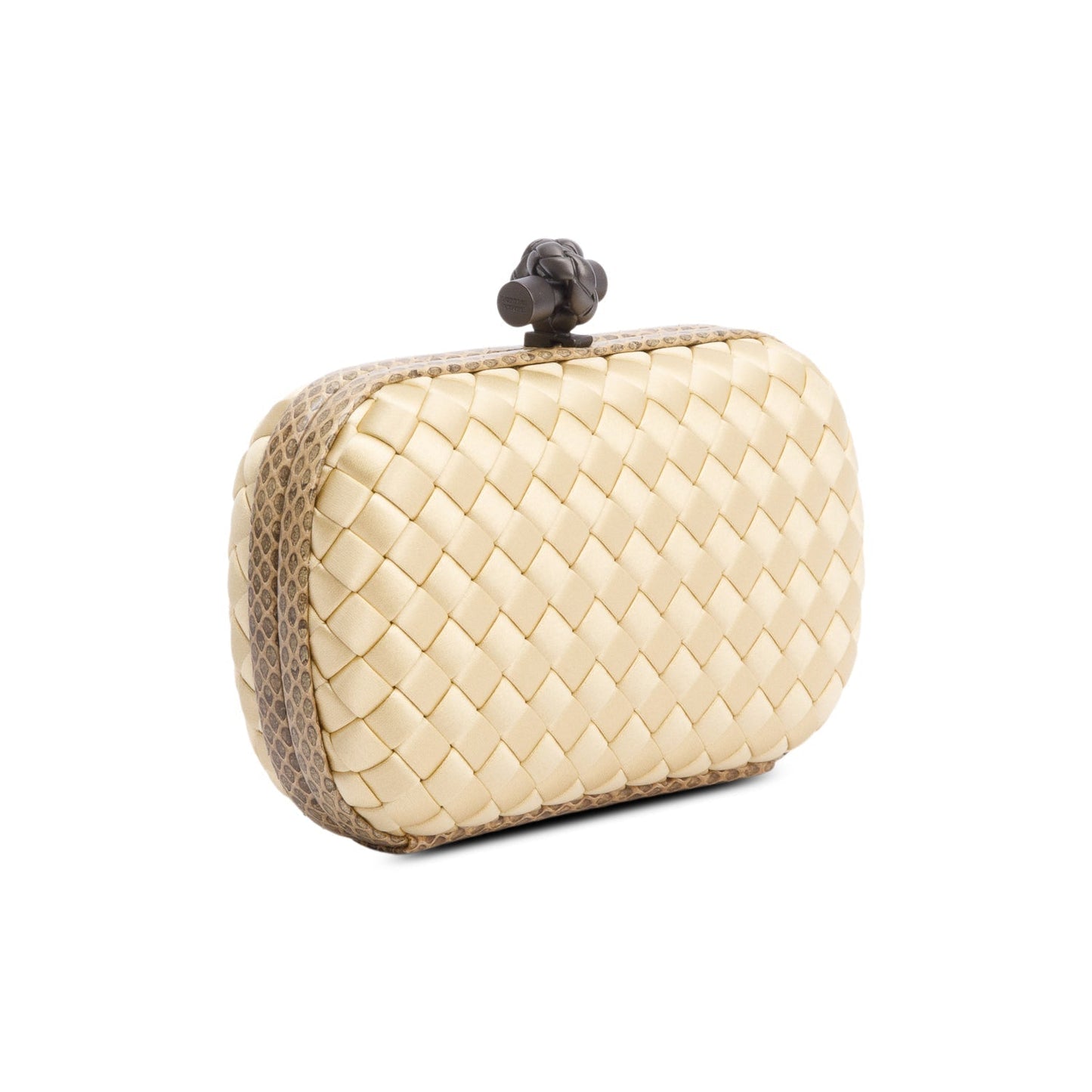 Bottega Veneta Snakeskin Trimmed Intrecciato Knot Clutch Satin Gold Clutch Bag