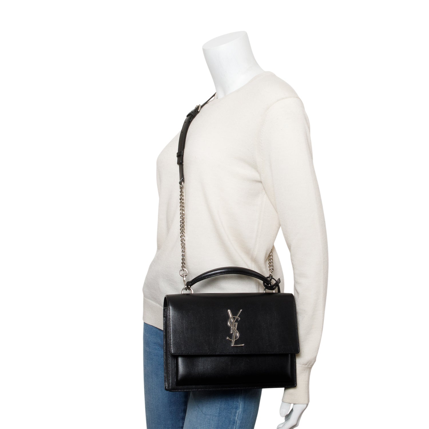 YSL Saint Laurent Sunset Top Handle Bag Leather Black Travel Bag