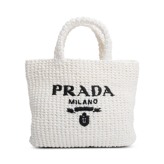 Prada Crochet Logo Tote Handbag Raffia White Tote Bag