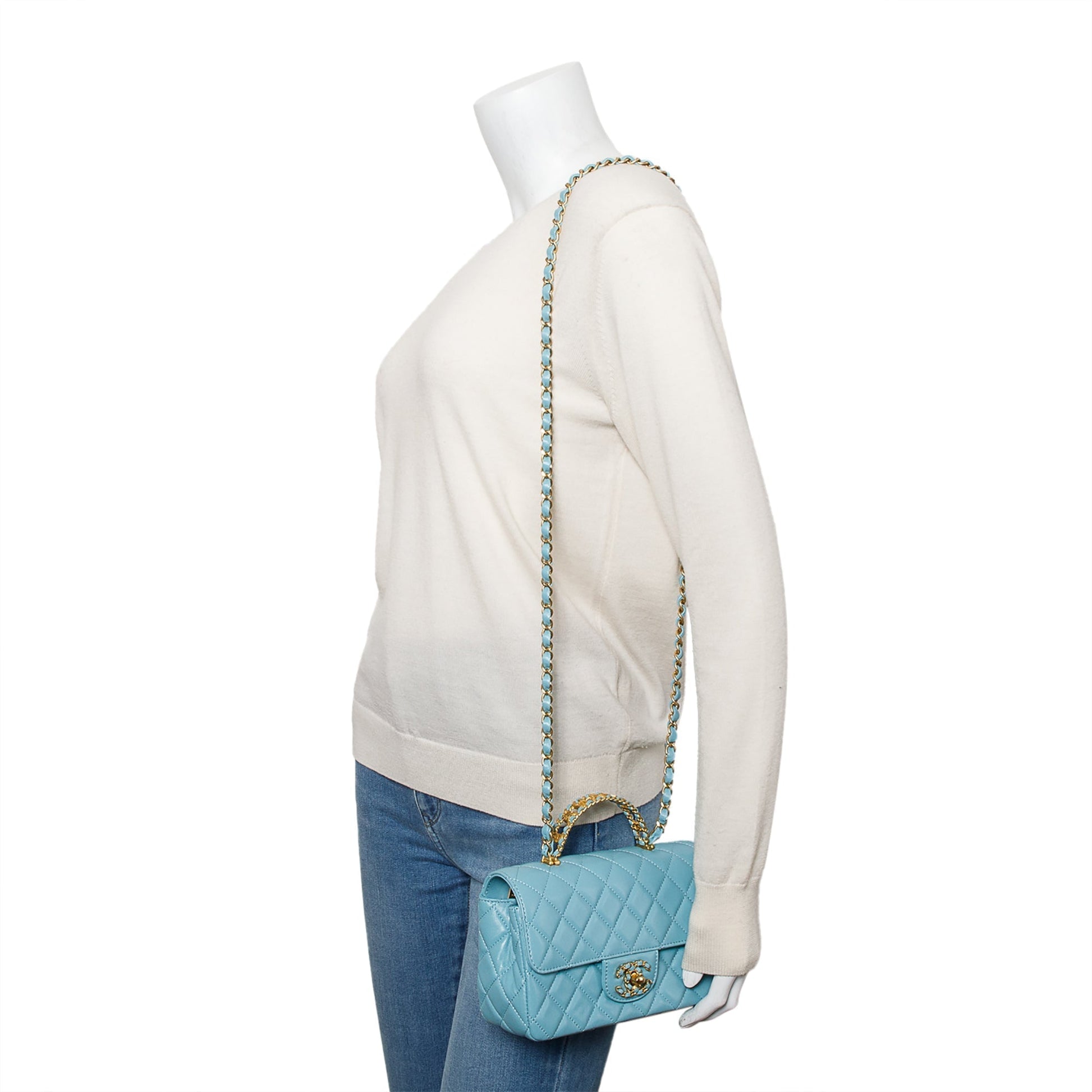 Chanel Turquoise Quilted Rectangular Crystal Top Leather Lambskin Travel Bag