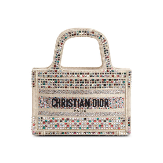 Dior Christian Metallic Embroidery Crystal Embellished Book Tote Gold Mini Tote Bag