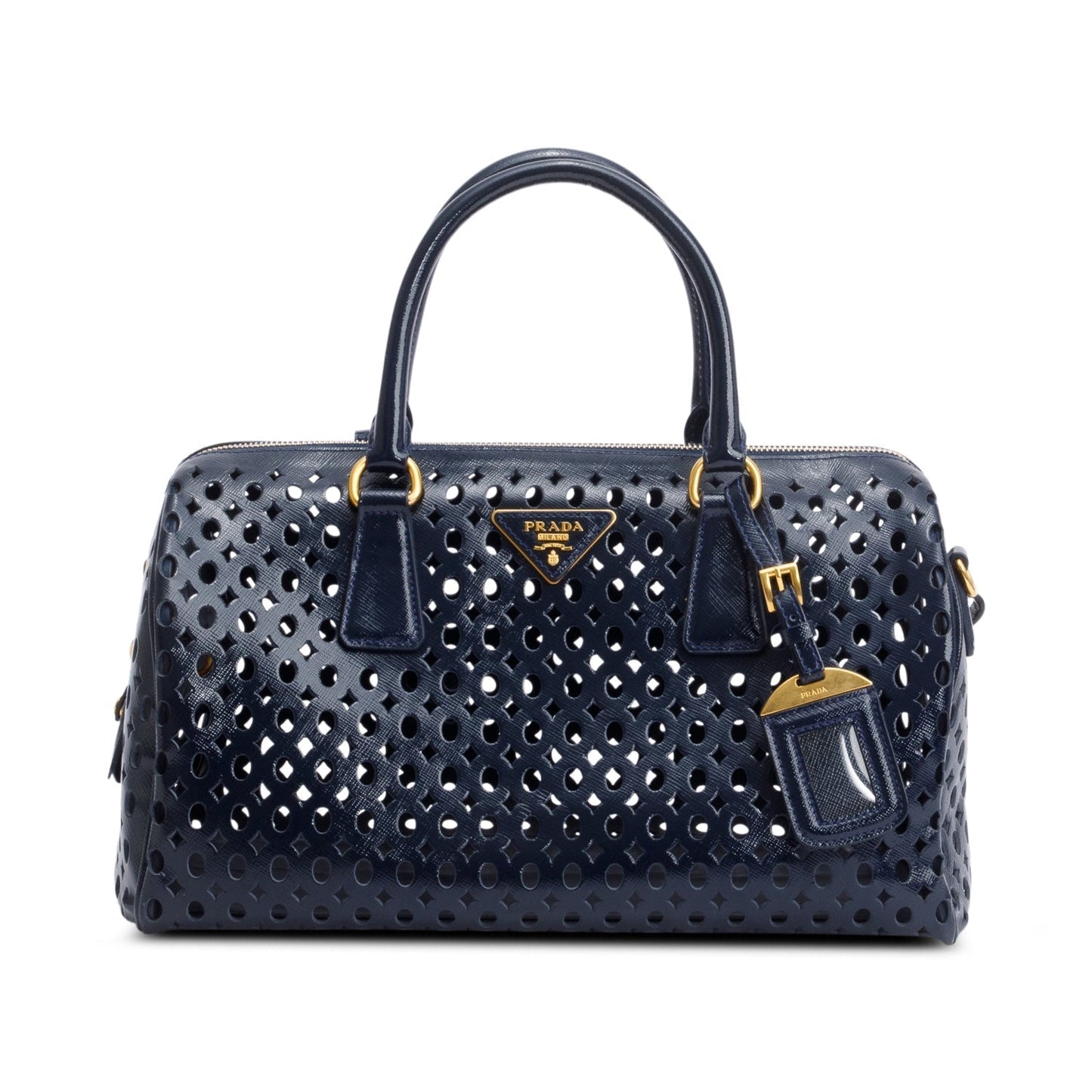 Prada Saffiano Vernice Fori Bauletto Handbag Leather Blue Travel Bag
