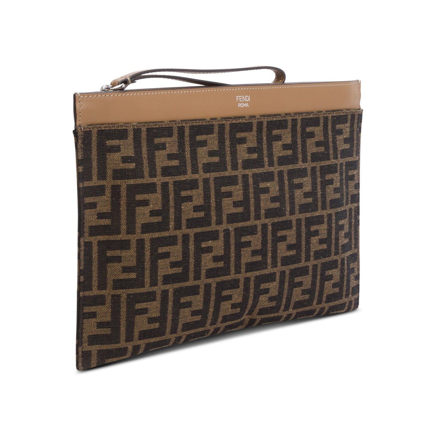 Fendi Ff Zucca Beige Large Flat Pouch Travel Leather Canvas Shoes