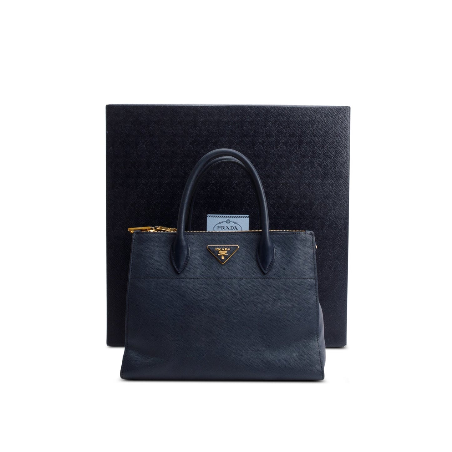 Prada Navy Saffiano & City Calf Greche Paradigme Leather Medium Tote Bag