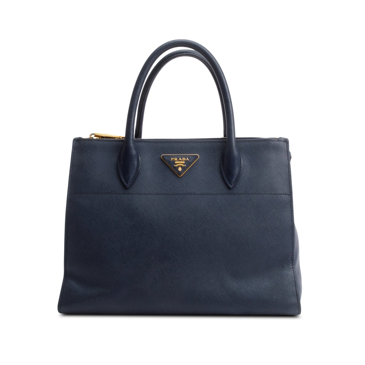 Prada Navy Saffiano & City Calf Greche Paradigme Leather Medium Tote Bag