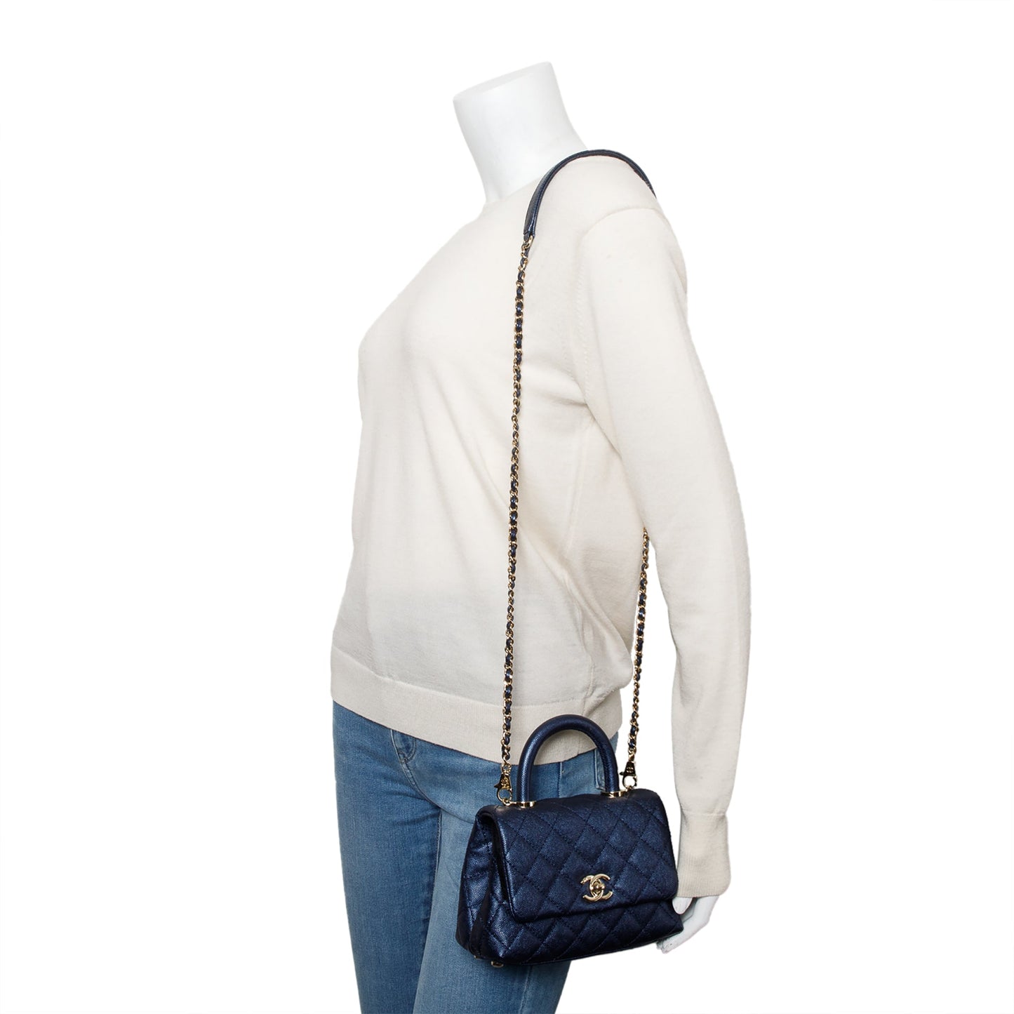 Chanel Irisdescent Quilted Caviar Coco Top Leather Blue Travel Bag