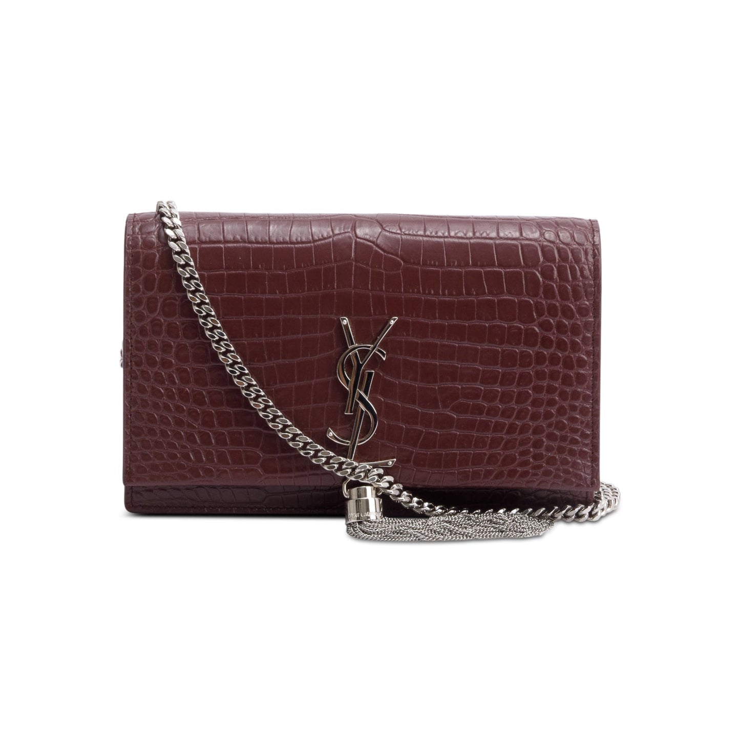 YSL Saint Laurent Burgundy Croc Embossed Kate Tassel Wallet On Leather Chain Crossbody Bag