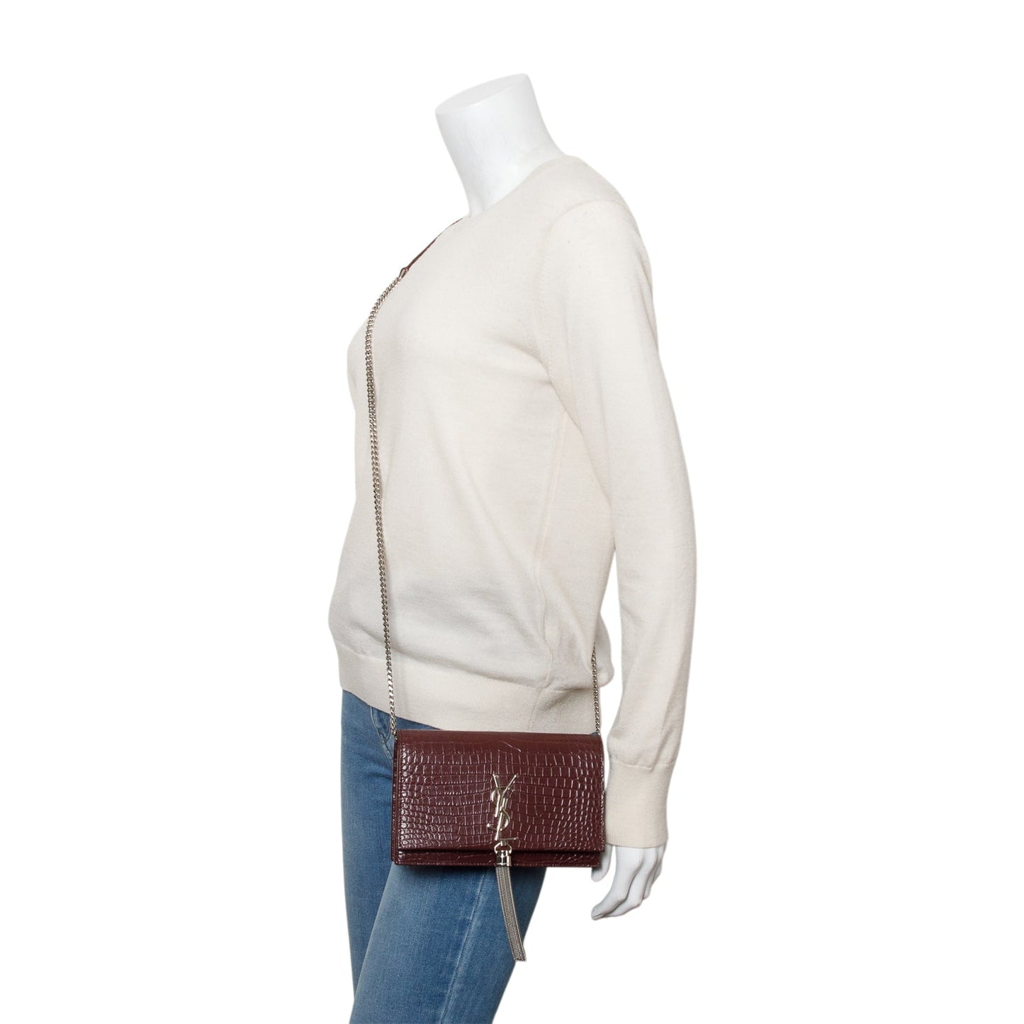 YSL Saint Laurent Burgundy Croc Embossed Kate Tassel Wallet On Leather Chain Crossbody Bag