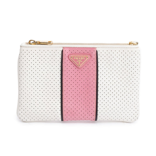 Prada Saffiano Cuir Perforated Clutch Handbag White Pink Clutch Bag