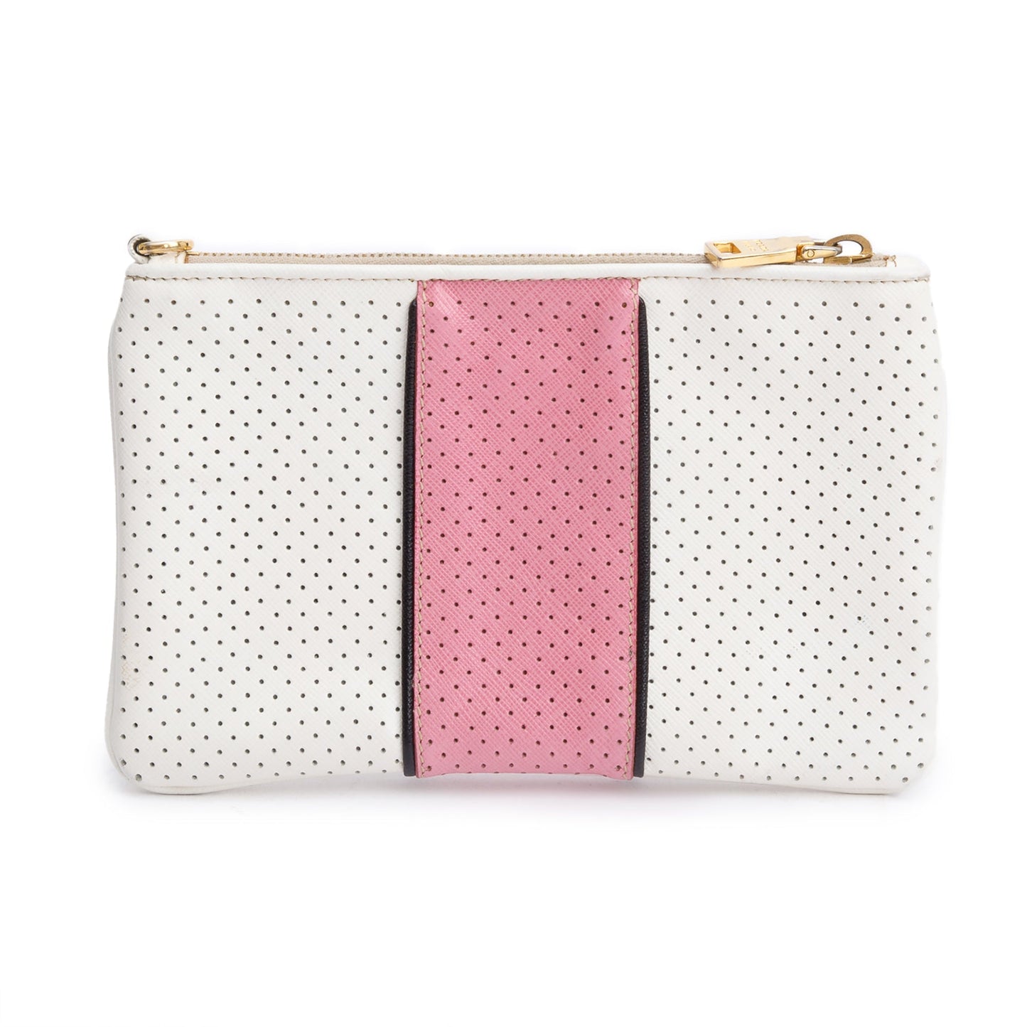 Prada Saffiano Cuir Perforated Clutch Handbag White Pink Clutch Bag