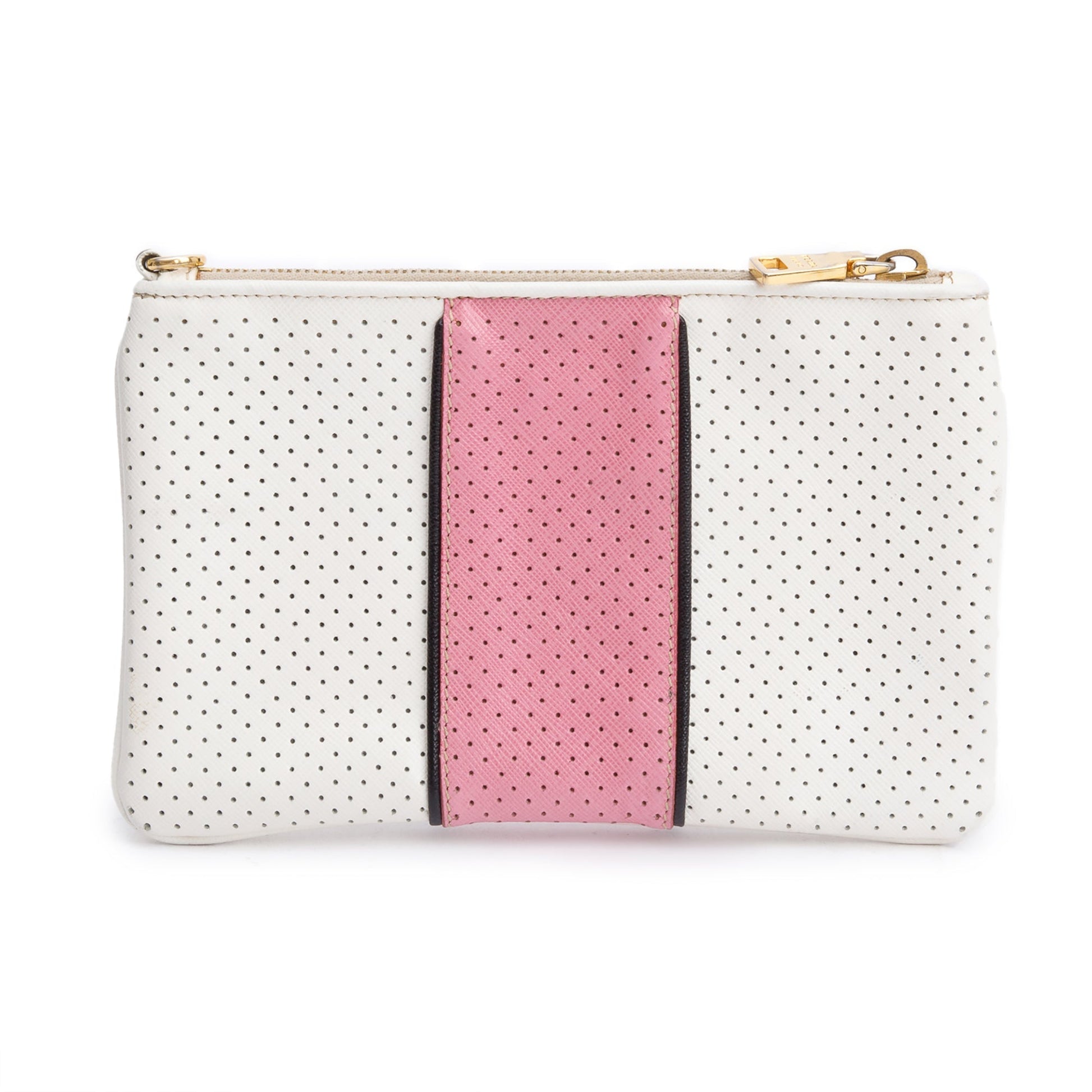 Prada Saffiano Cuir Perforated Clutch Handbag White Pink Clutch Bag
