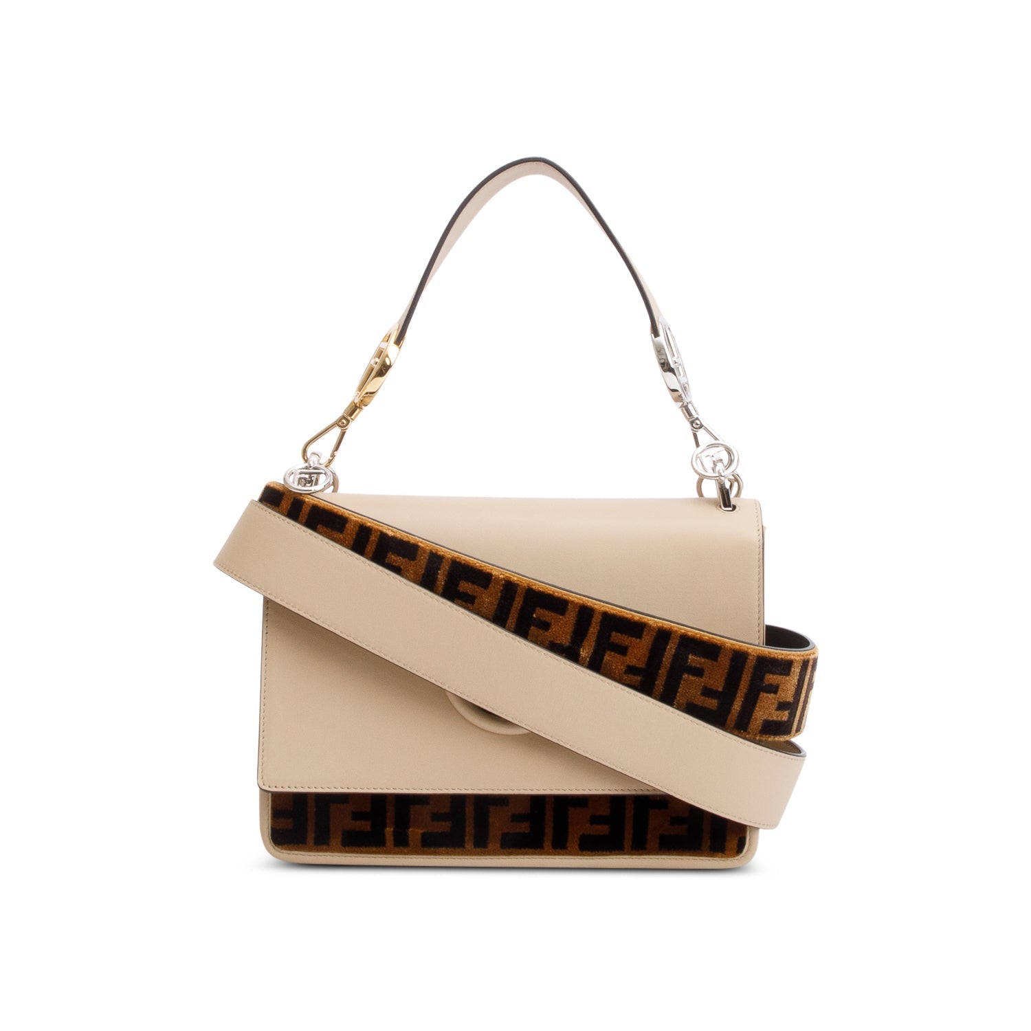 Fendi Calfskin Ff Zucca Velvet Is Kan Shoulder Leather Beige Shoulder Bag
