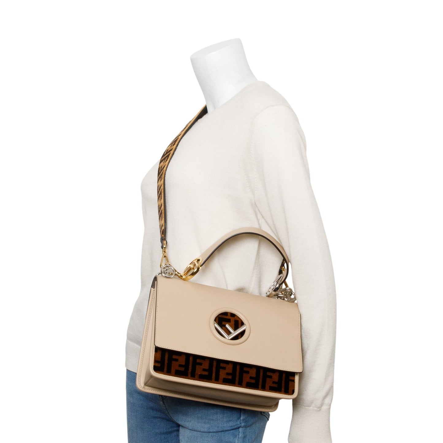 Fendi Calfskin Ff Zucca Velvet Is Kan Shoulder Leather Beige Shoulder Bag