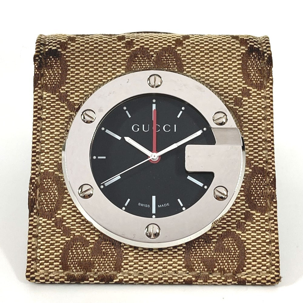 Gucci Table clock Quartz Stainless Steel Canvas Black Multicolor Logo Travel Bag