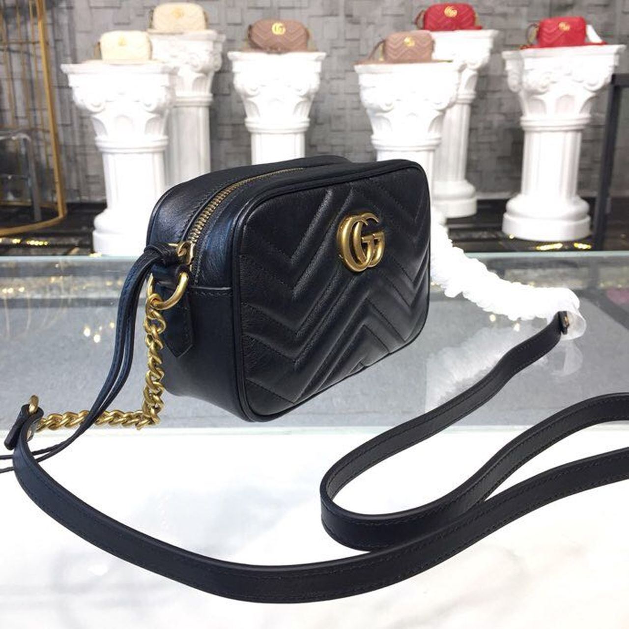 gg Marmont MatelassÃ© Chevron Black Mini Bag