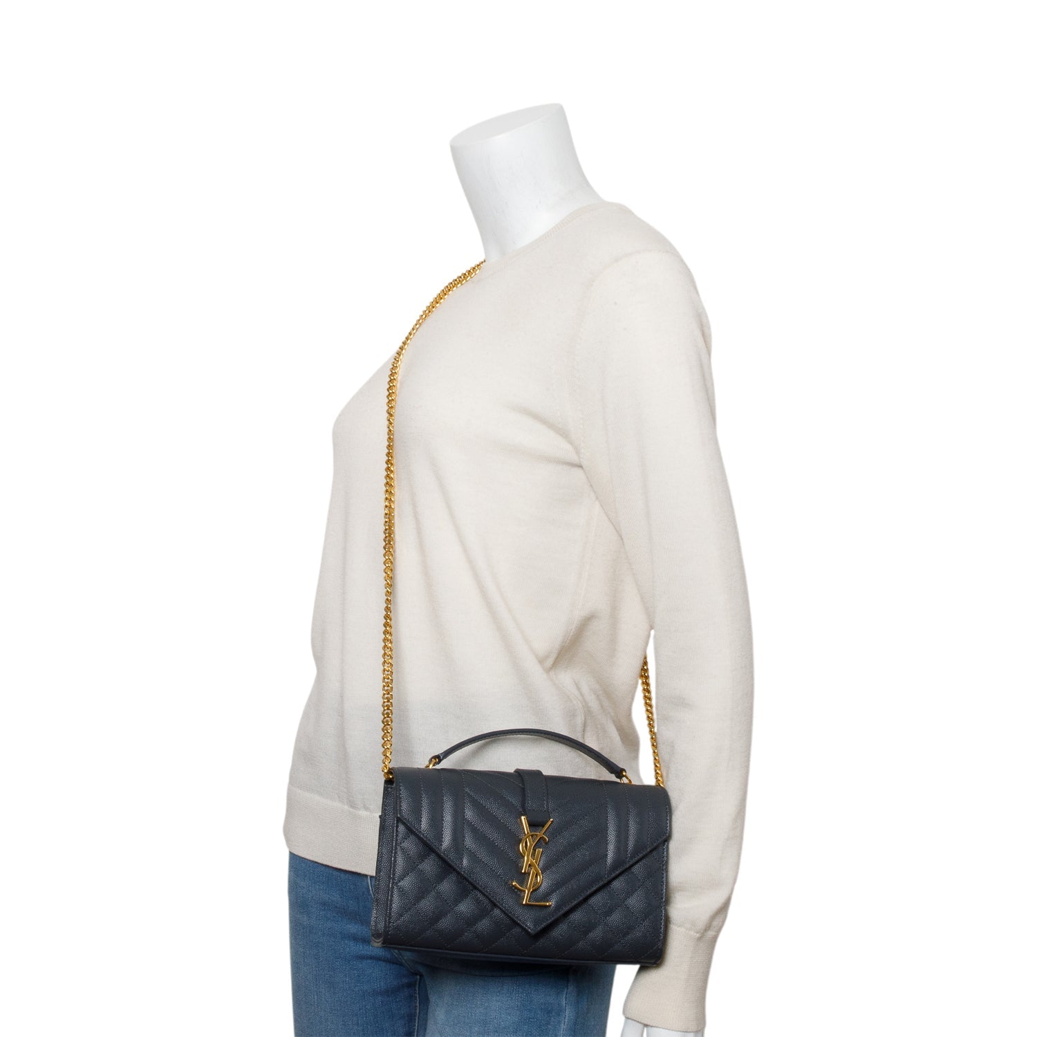 YSL Saint Laurent Grey Grained De Poudre Envelope Shoulder Bag Small
