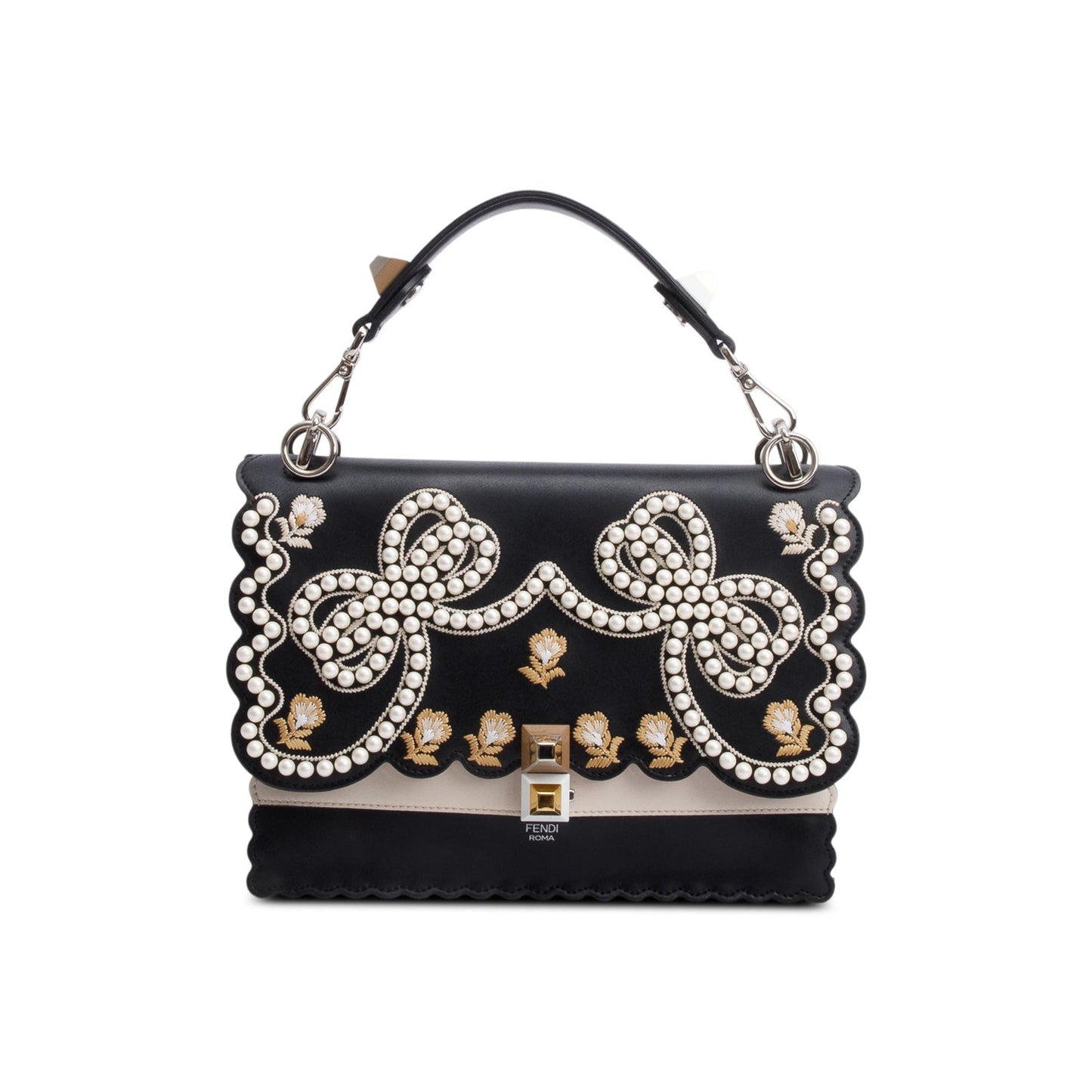Fendi Calfskin Faux Pearl Kan Scallop Handle Bag Leather Black Travel Bag