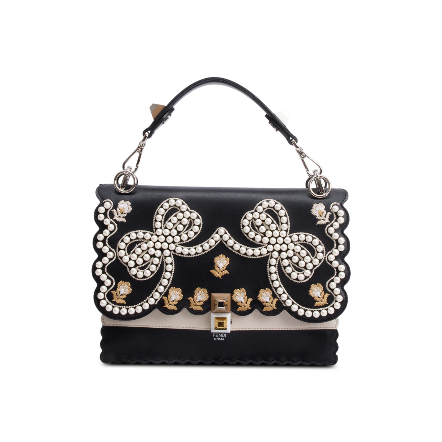Fendi Calfskin Faux Pearl Kan Scallop Handle Bag Leather Black Travel Bag
