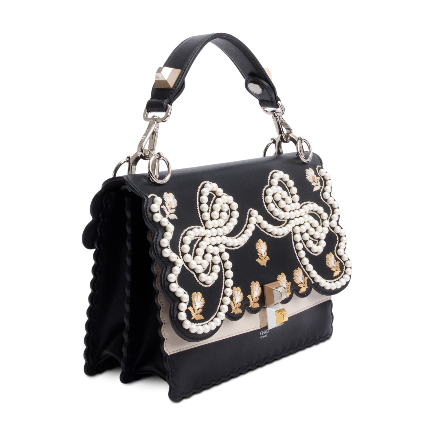 Fendi Calfskin Faux Pearl Kan Scallop Handle Bag Leather Black Travel Bag
