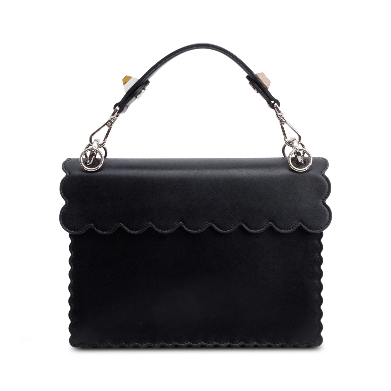 Fendi Calfskin Faux Pearl Kan Scallop Handle Bag Leather Black Travel Bag