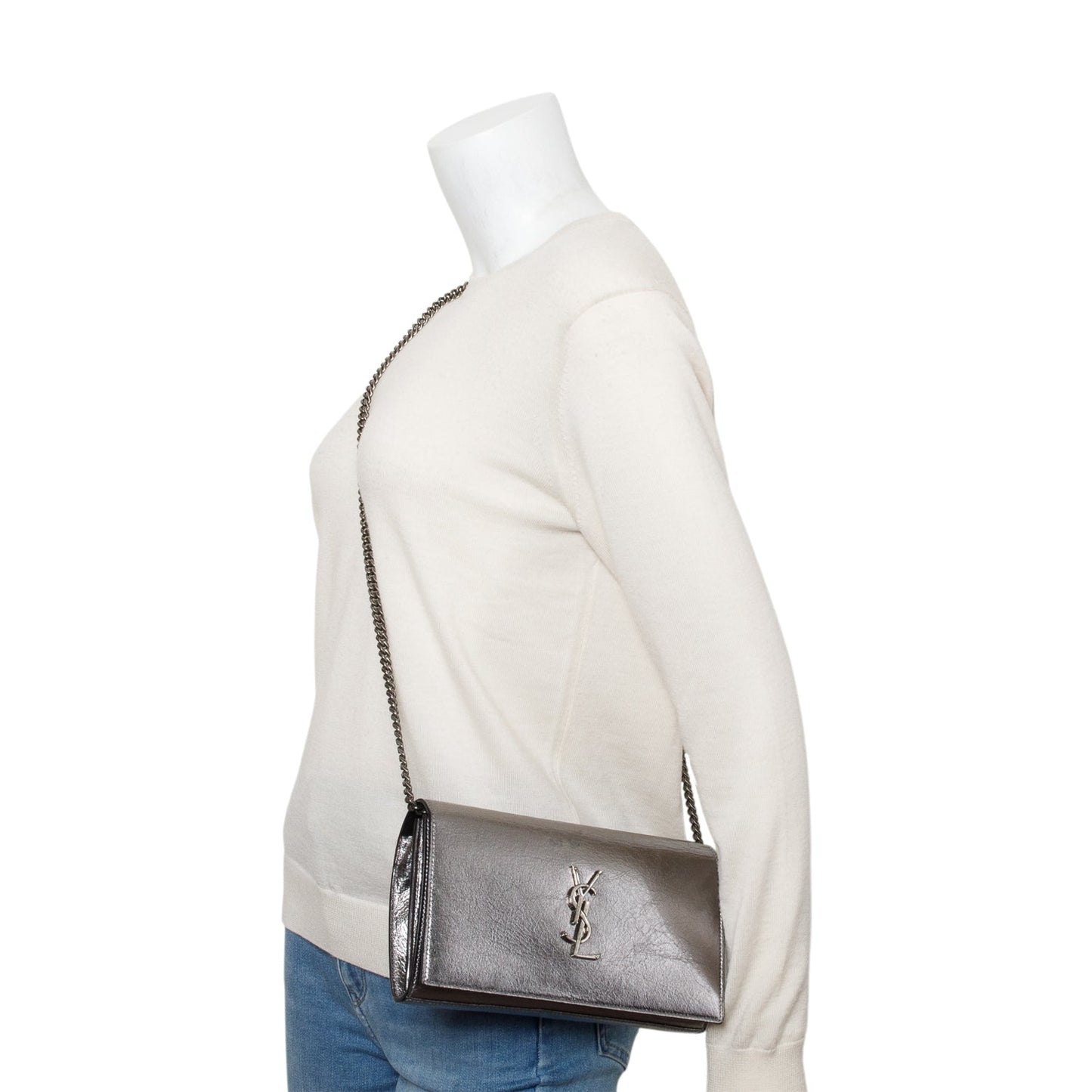 YSL Saint Laurent Grey Aged Calfskin Cassandre Wallet On Crossbody Leather Chain Crossbody Bag