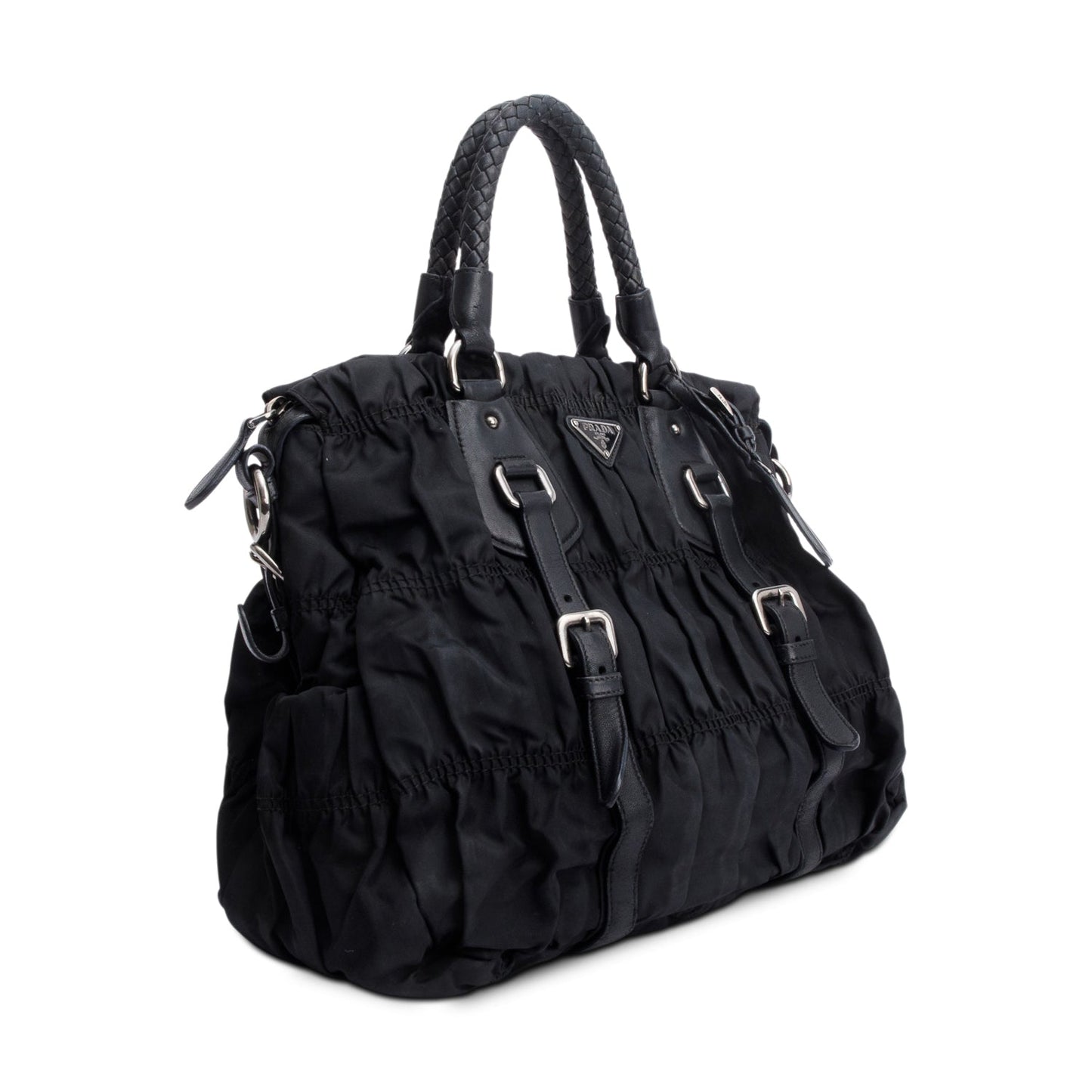 Prada Letaher Trimmed Tessuto Gaufre Tote Handbag Nylon Black Tote Bag