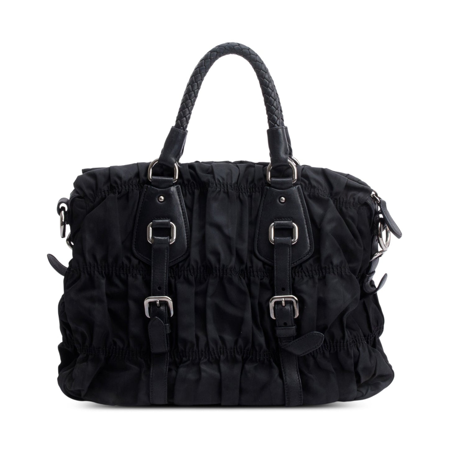 Prada Letaher Trimmed Tessuto Gaufre Tote Handbag Nylon Black Tote Bag