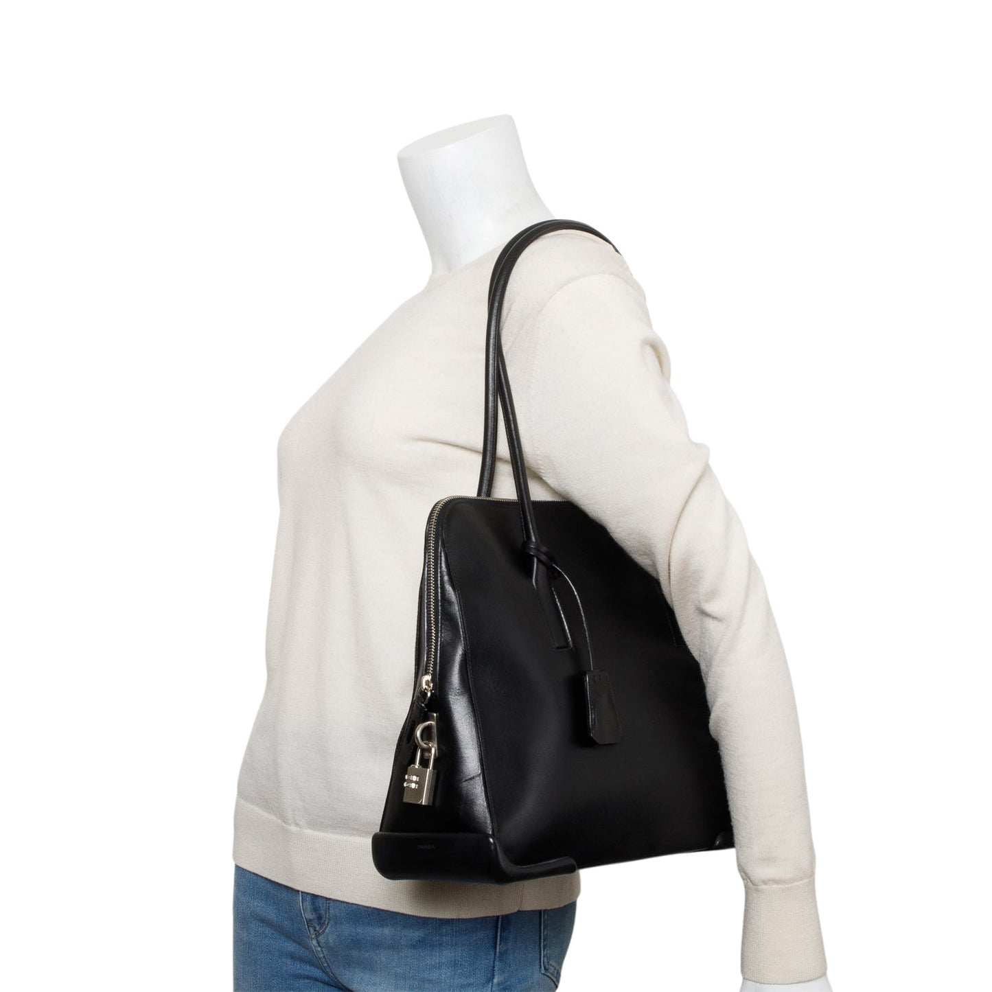 Prada Soft Calf Dome Tote Handbag Leather Black Tote Bag