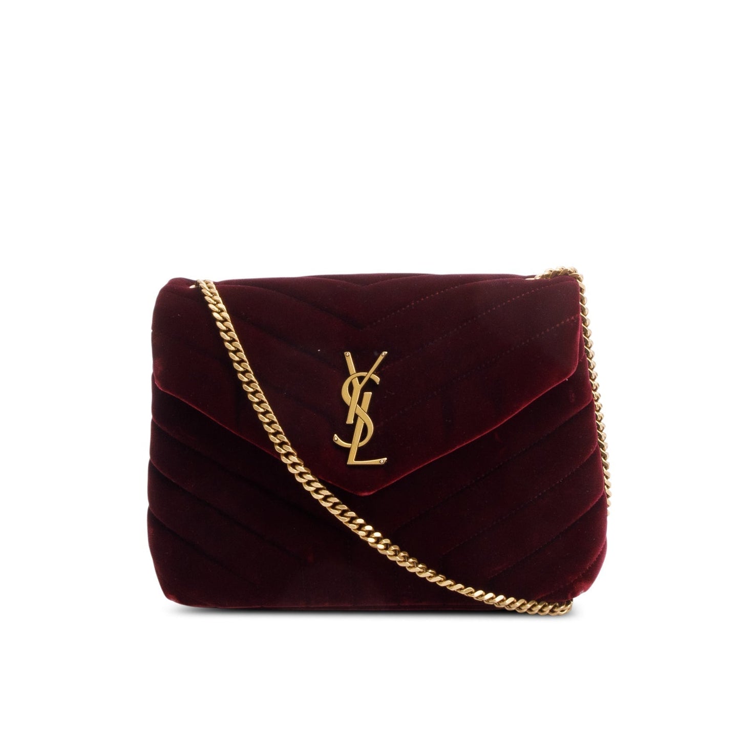 YSL Saint Laurent Burgundy Velvet Loulou Shoulder Bag Quilted Small