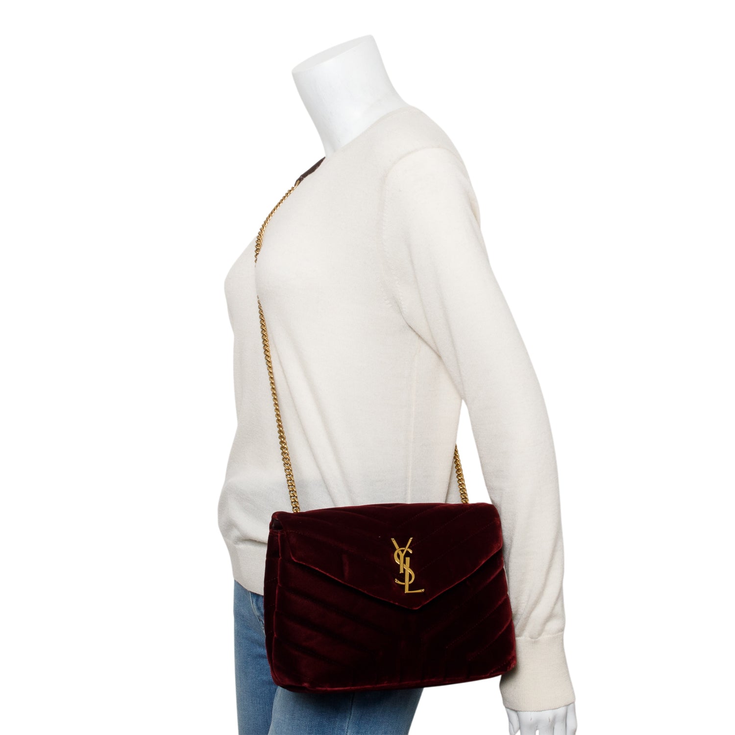 YSL Saint Laurent Burgundy Velvet Loulou Shoulder Bag Quilted Small