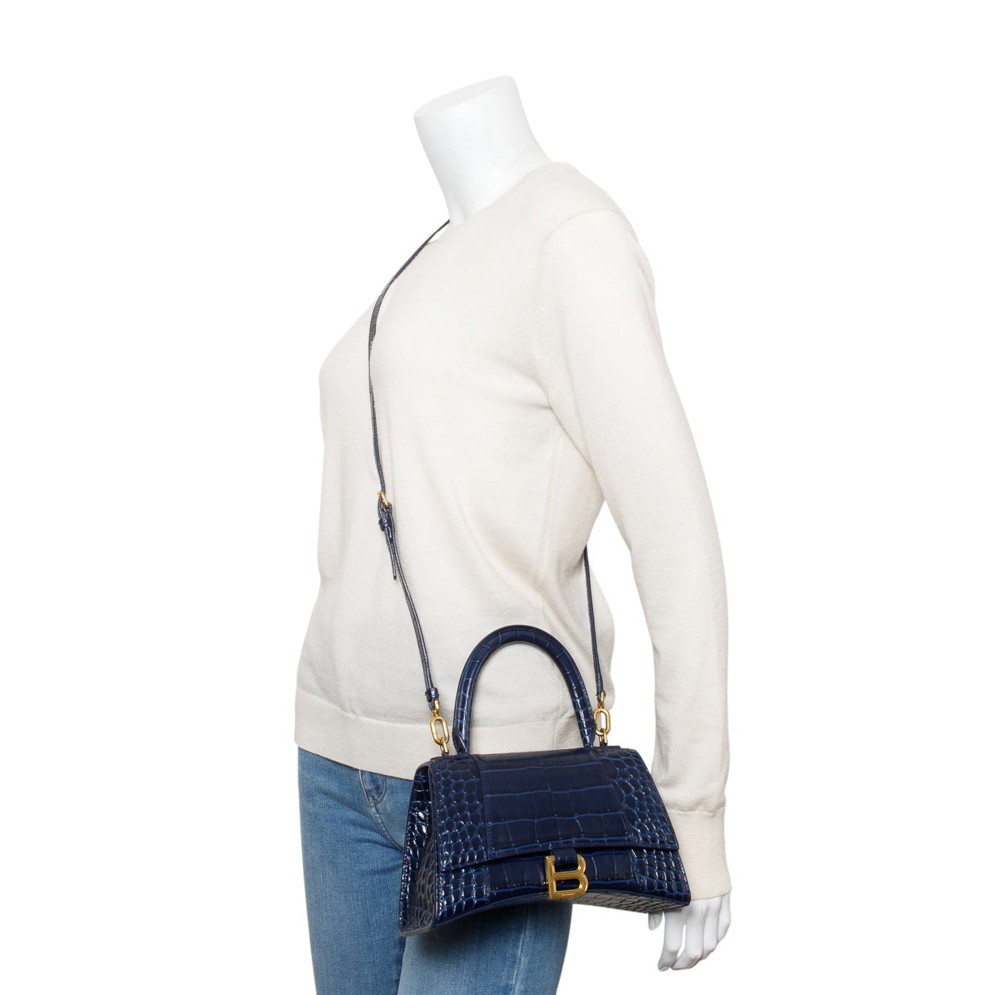 Balenciaga Croc Embossed Hourglass Top Handle Bag Leather Blue Travel Bag