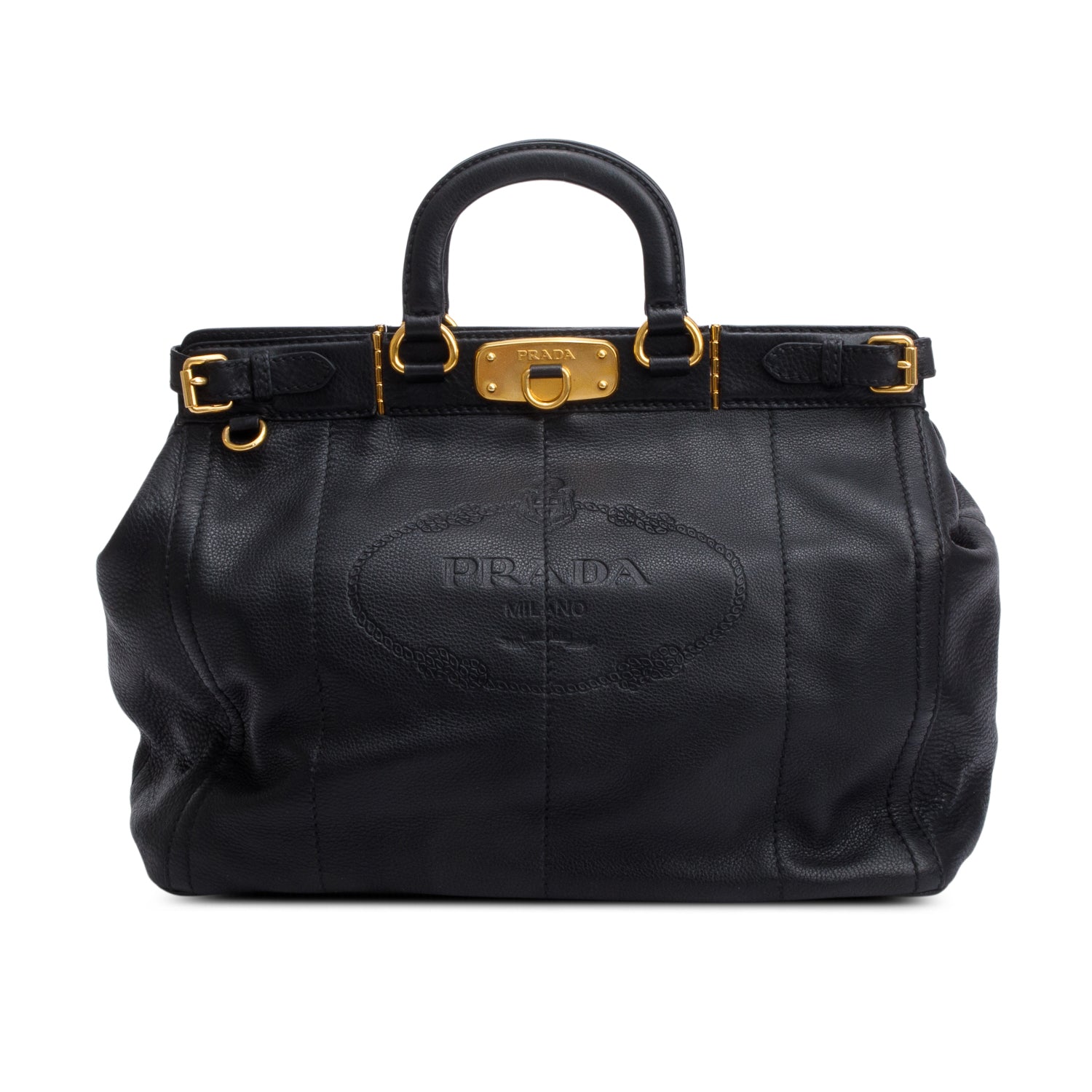 Prada Vitello Daino Borsa Carniera Frame Tote Handbag Leather Black Tote Bag