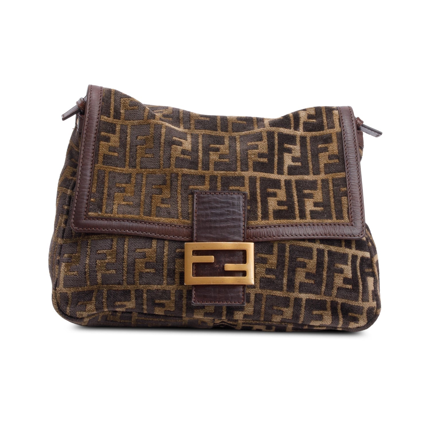 Fendi Ff Zucca Wool Trim Baguette Shoulder Bag Leather Brown