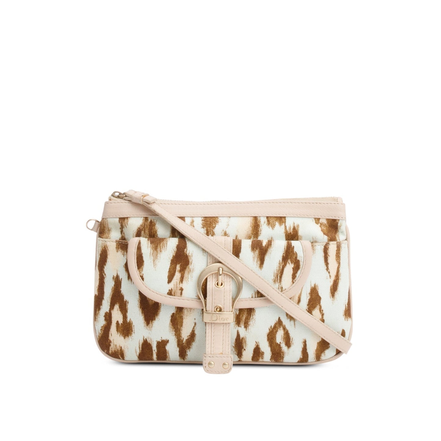 Dior Christian Leoparf Print Trim Mini Pochette Handbag Leather Canvas Travel Bag