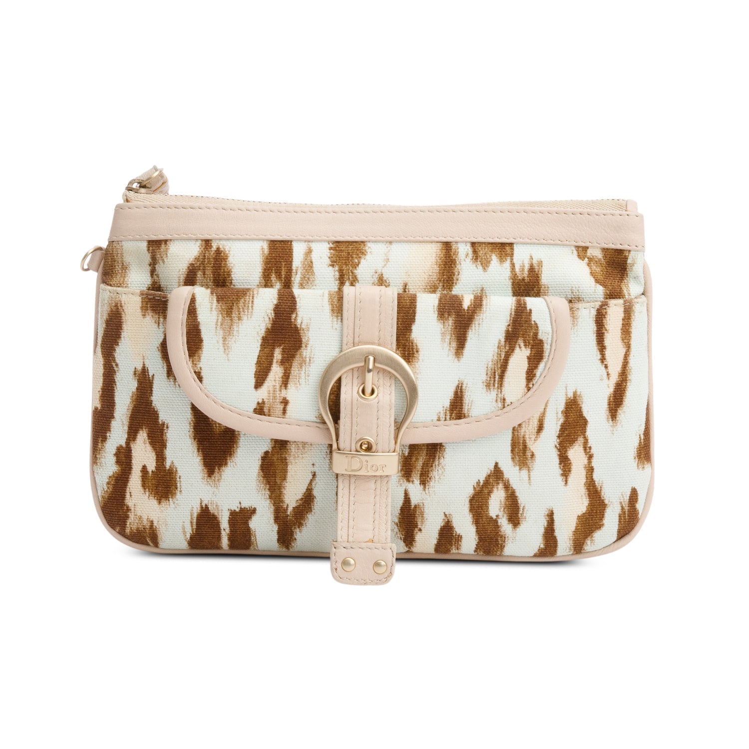 Dior Christian Leoparf Print Trim Mini Pochette Handbag Leather Canvas Travel Bag