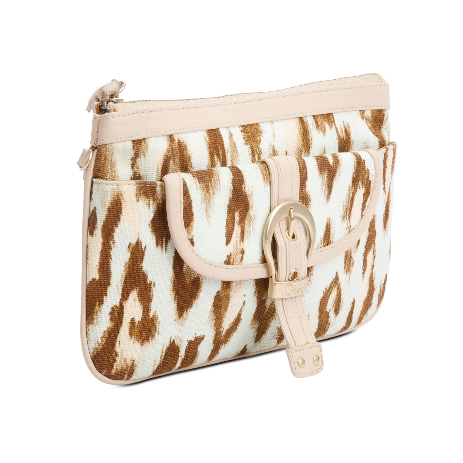 Dior Christian Leoparf Print Trim Mini Pochette Handbag Leather Canvas Travel Bag