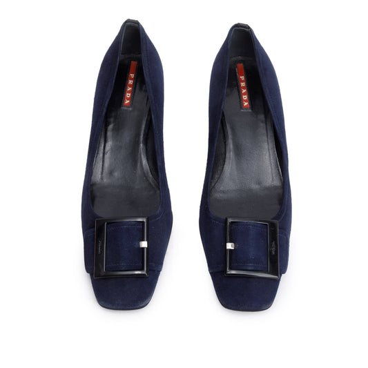 Prada Sport Navy Buckle Accent Pumps, Size Handbag Suede Shoes