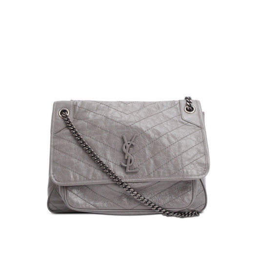YSL Saint Laurent Grey Crinkled Calfskin Niki Shoulder Bag Leather Large