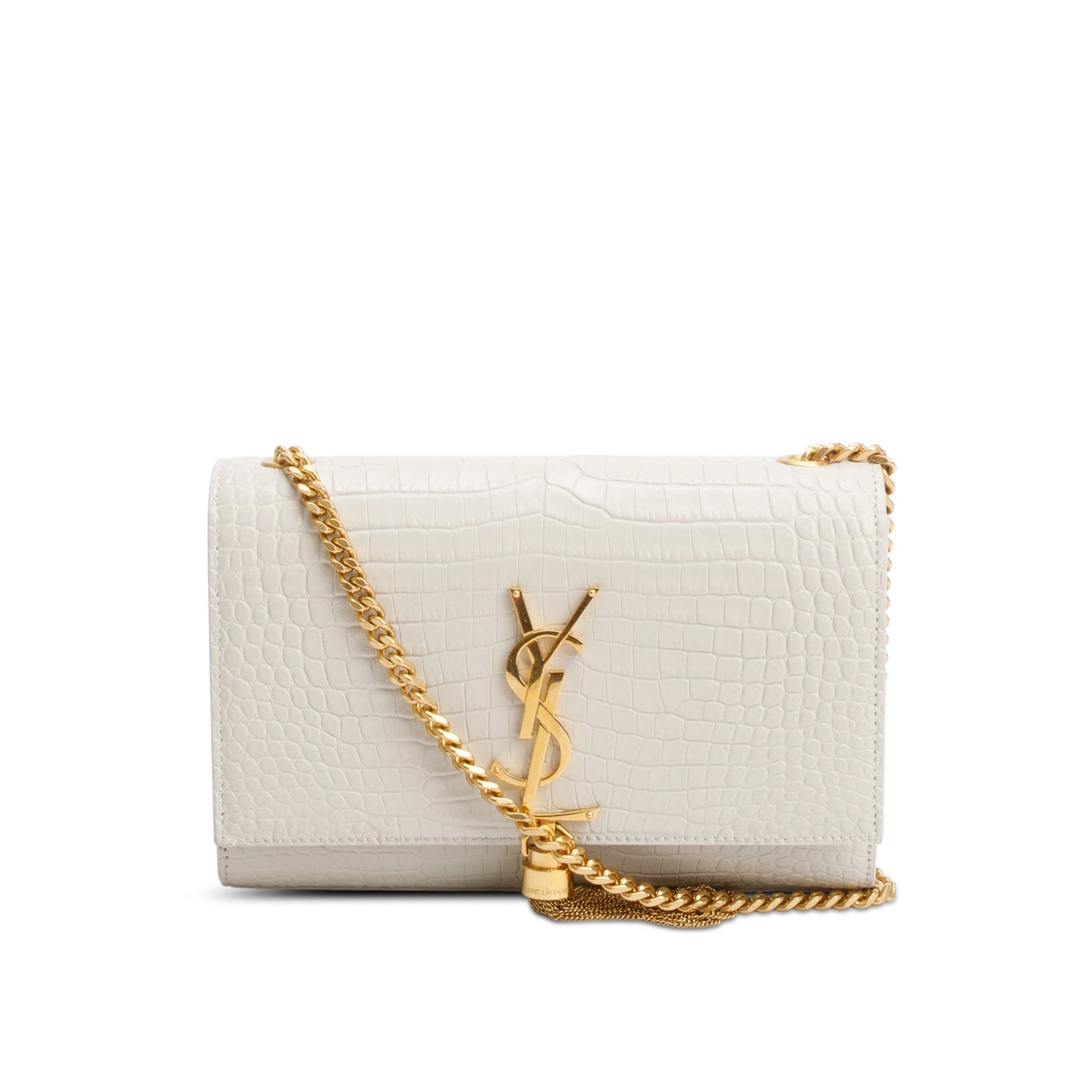 YSL Saint Laurent Crocodile Embossed Small Classic Kate Tassel Chain Leather Monogram Travel Bag